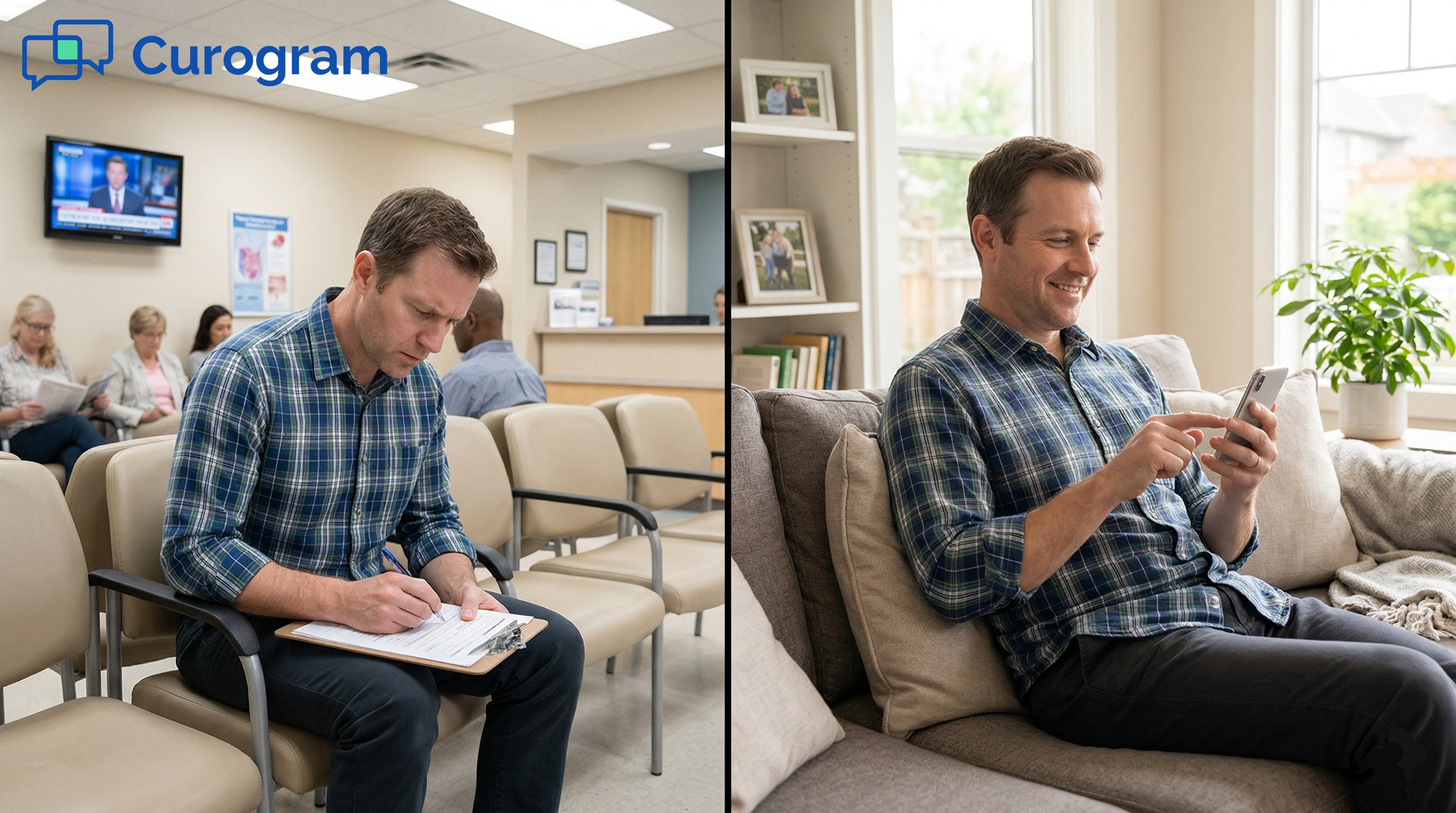 Comparing clinic waiting room paperwork to easy mobile patient registration at home