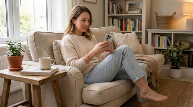 Woman using a smartphone to complete digital patient intake forms at home