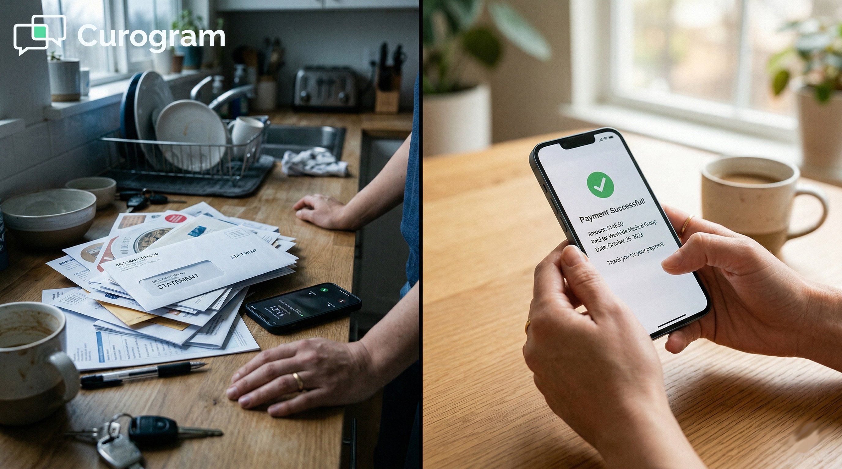 Cluttered desk with medical bills vs. easy mobile payment success screen, a split-panel comparison