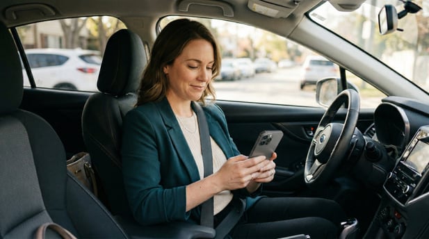 Woman smiling in a car while using her smartphone, showing convenient mobile patient experience