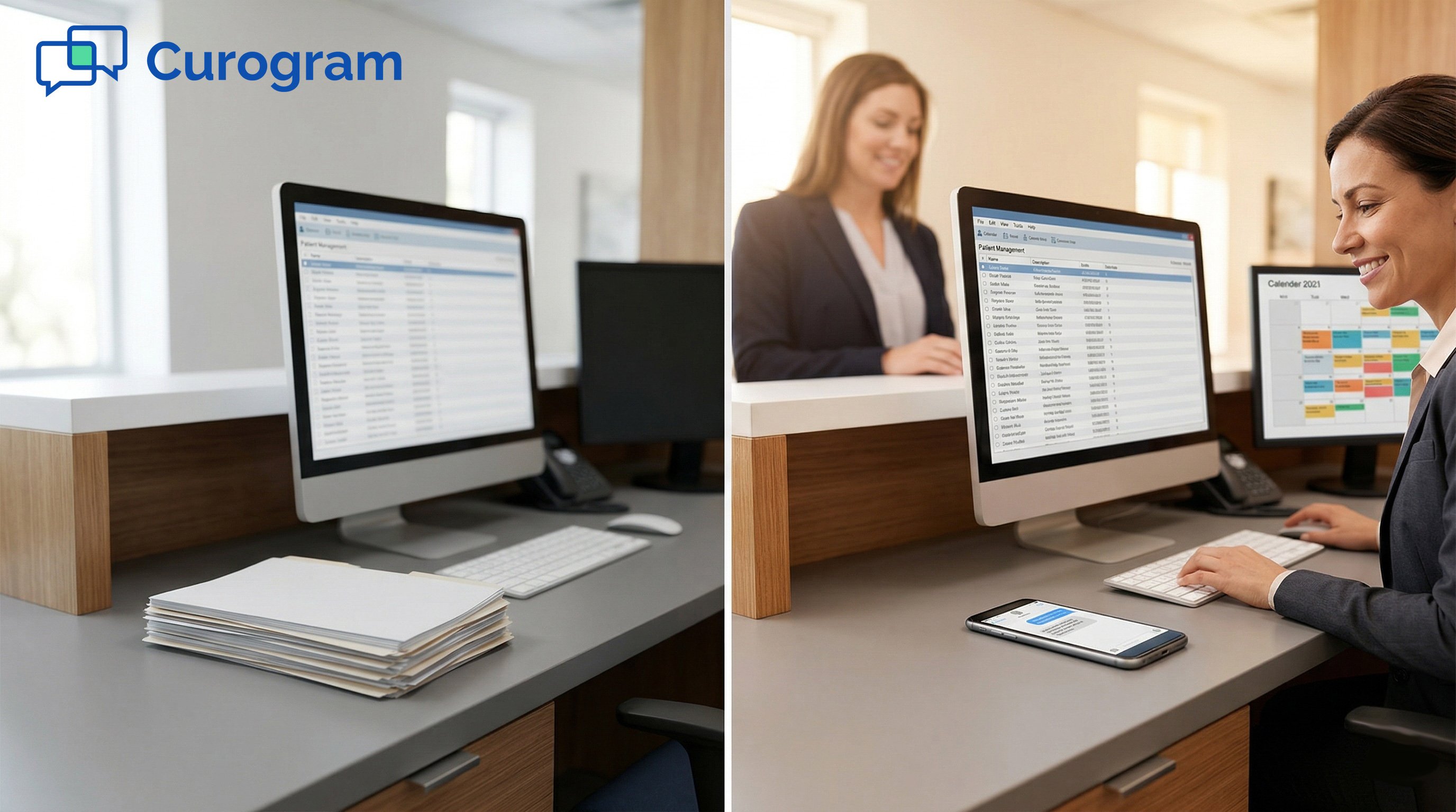 Medical office front desk comparison: untouched paper files vs. full digital patient schedule
