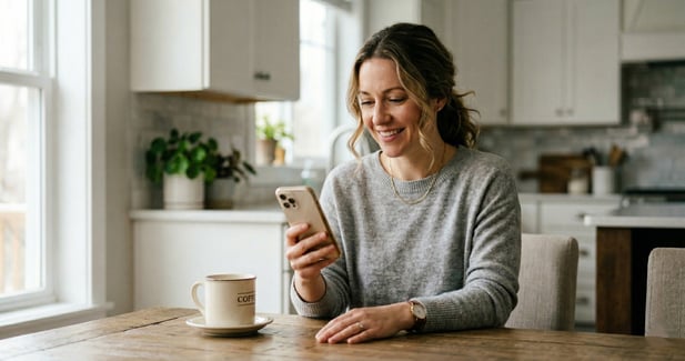Smiling patient happily receiving a text reminder from her medical practice