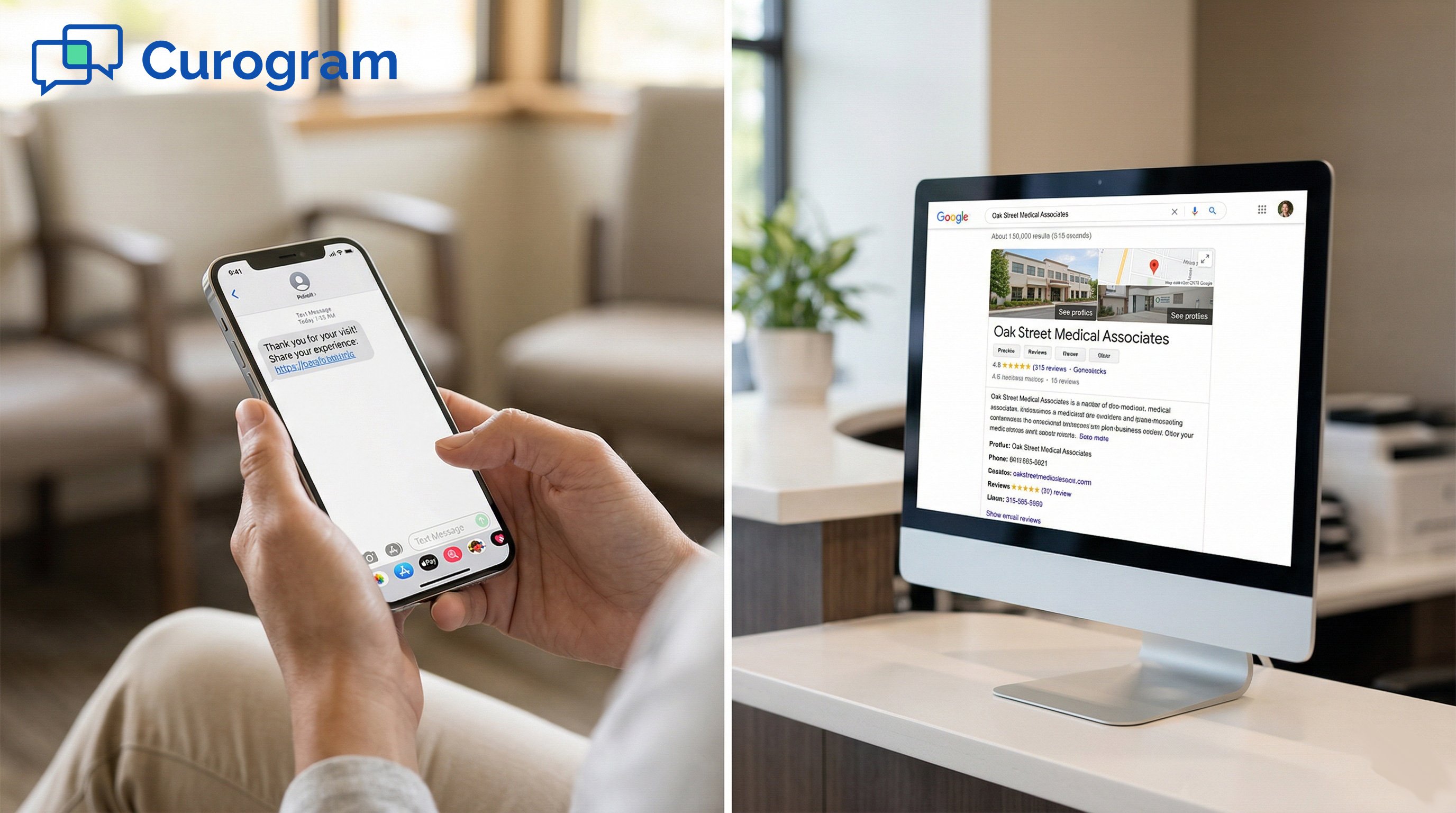 Split view: Patient receiving a text review request and a medical practice Google Profile