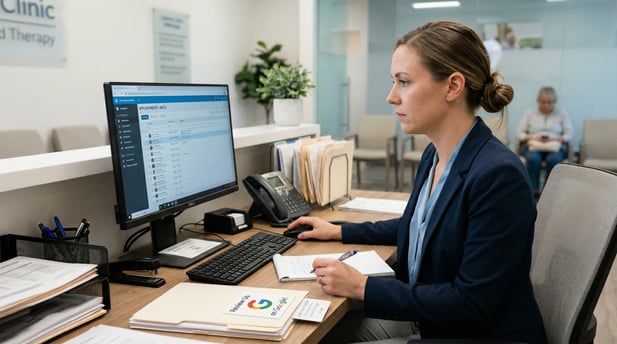 Clinic receptionist working at desk with a visible 'Review Us on Google' card