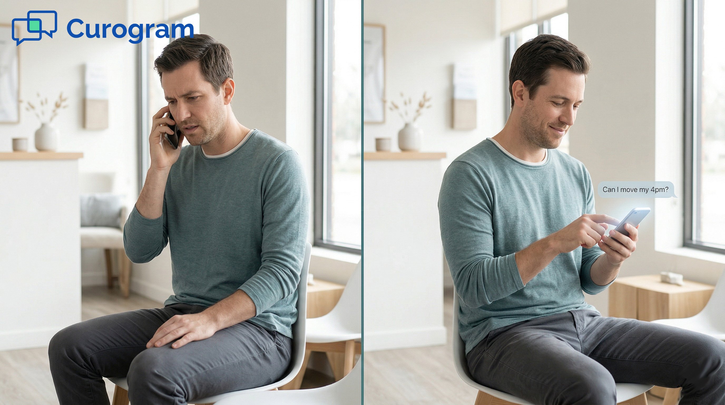 Frustrated patient waiting on hold vs relaxed patient texting to reschedule