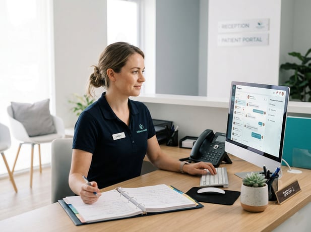 Friendly medical receptionist using a communication dashboard at an organized front desk