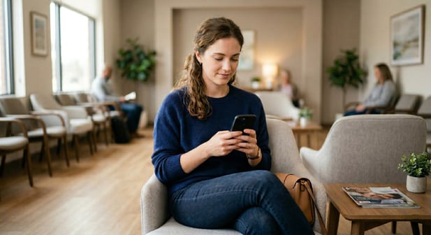 Modern waiting room with a patient reading a text reminder