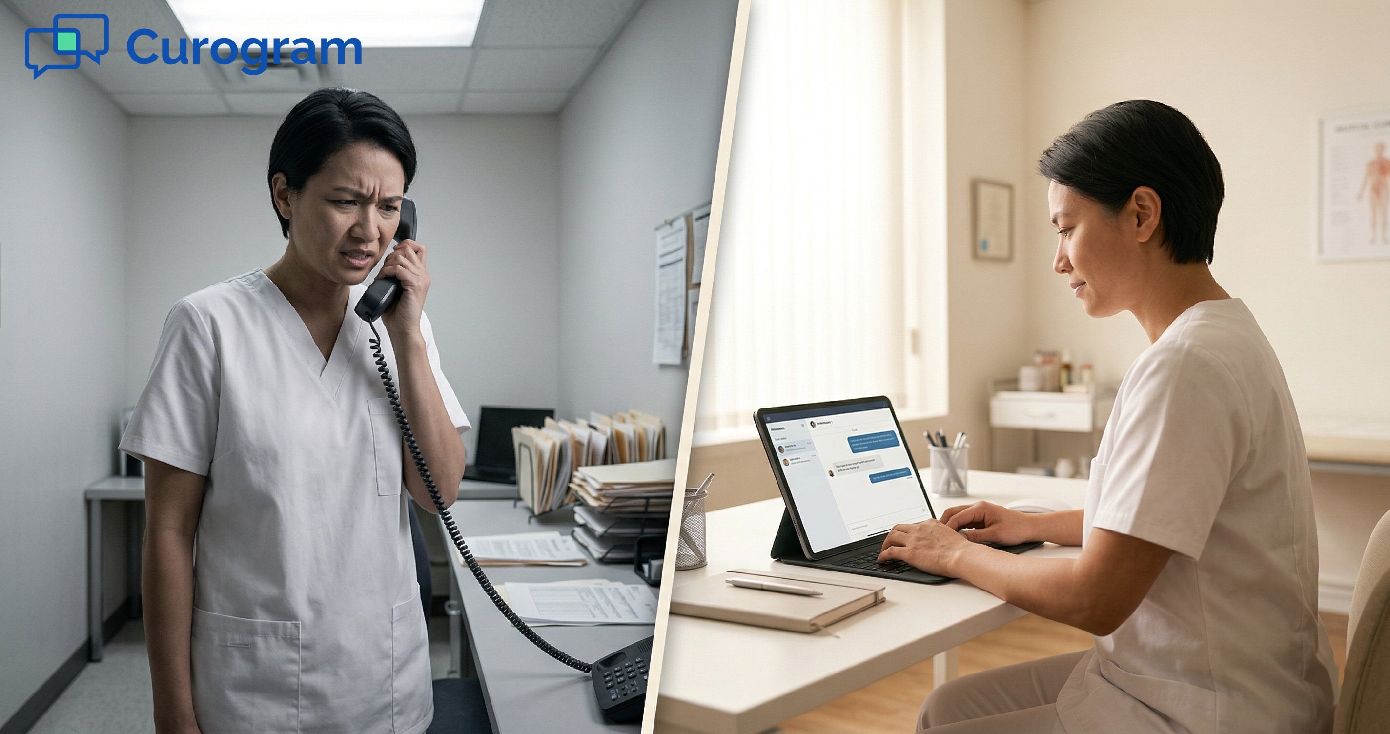 Contrast: A stressed medical provider on a phone vs. an efficient doctor with a tablet