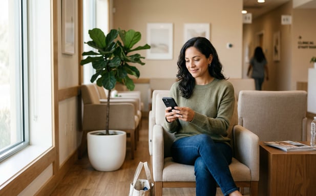 Engaged patient comfortably waits and uses her phone in a medical clinic lobby