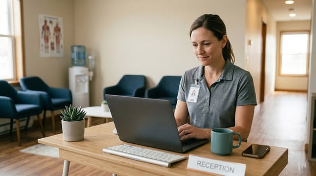 Friendly medical receptionist, Sara Davis, smiling while working on laptop at front desk