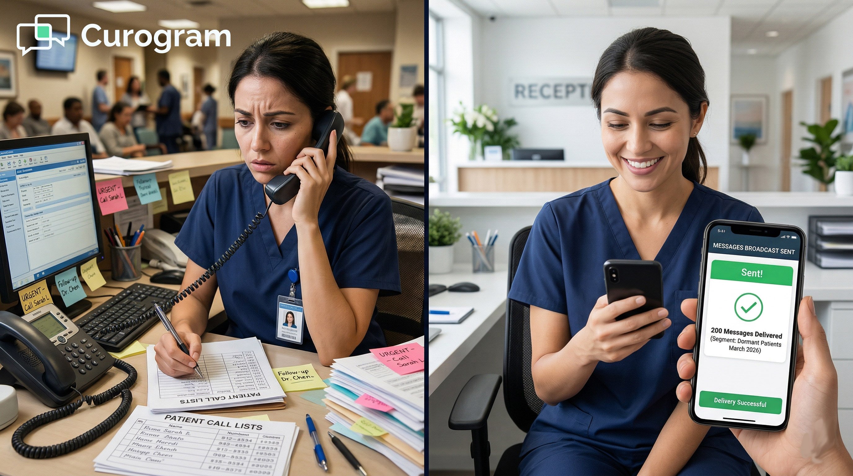 Two-panel photo comparing an overwhelmed receptionist with a call list to a happy receptionist with a sent SMS broadcast