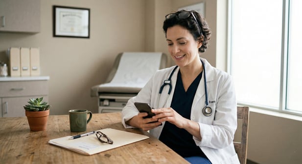 Editorial photo of a satisfied female clinician checking patient text replies on a smartphone at a desk