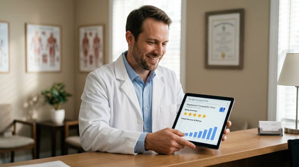 Real stock photo of a chiropractor in an office viewing a rising Google star rating
