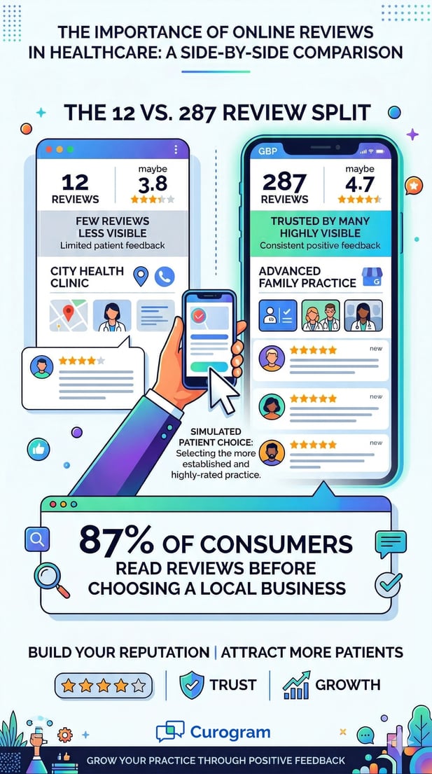 Healthcare Google review infographic showing 12 vs 287 star comparison