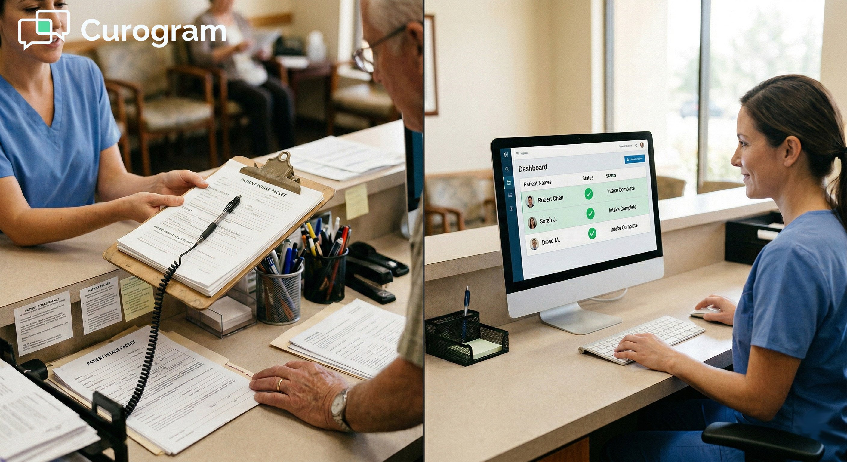 Modern medical office front desk showing efficient digital patient dashboard with checkmarks