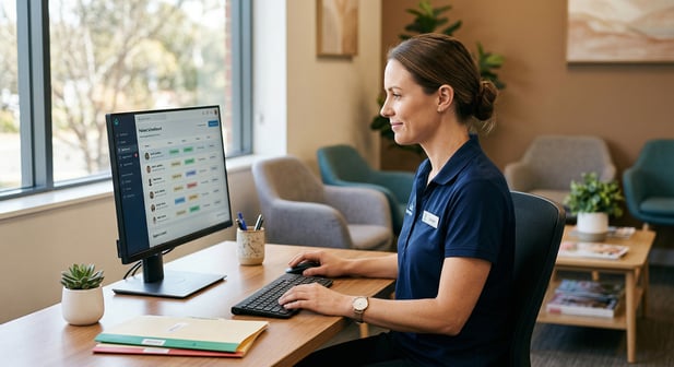 A medical clinic receptionist works on a computer at a modern desk with a waiting area in the background