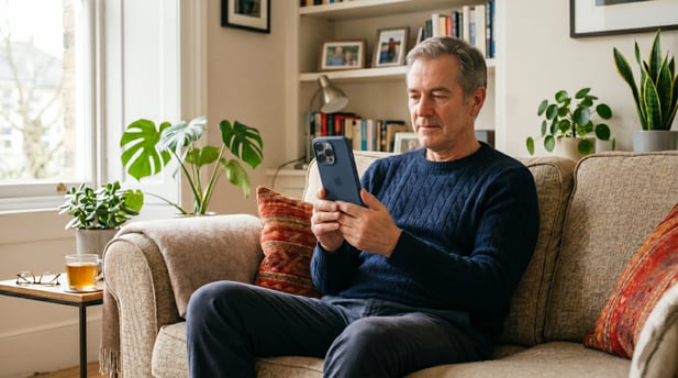 Older patient calmly connecting via smartphone for a home video telehealth visit