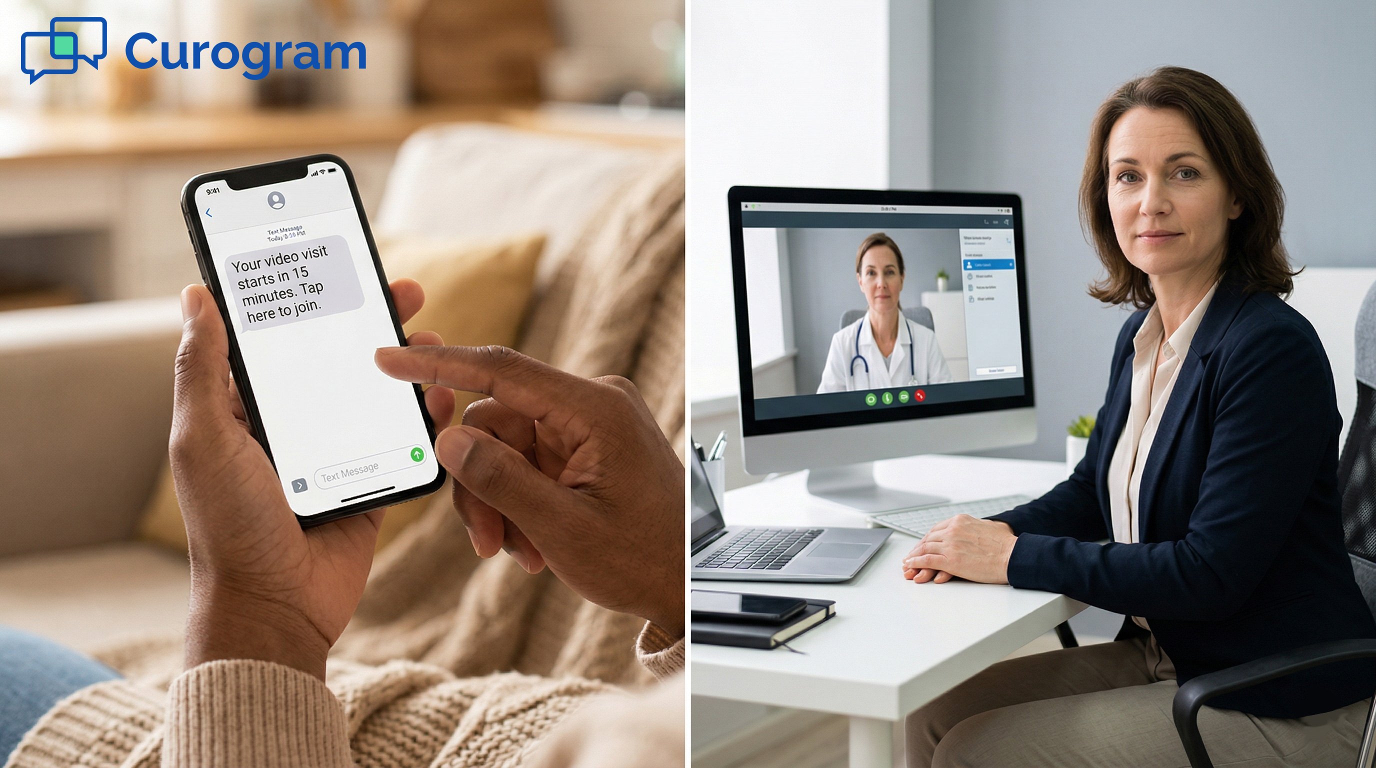 Split view showing simple patient access to a telehealth call via text link