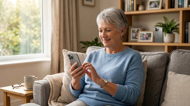 Senior patient effortlessly connecting to virtual appointment on mobile phone