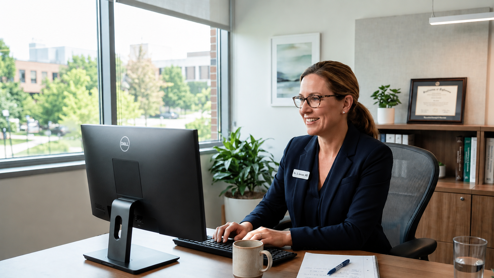 Doctor in a modern office leading a secure telehealth video visit on screen