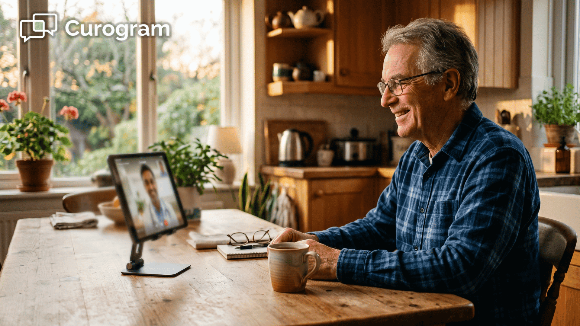 Older man at home looking relieved after joining a one-link telehealth visit