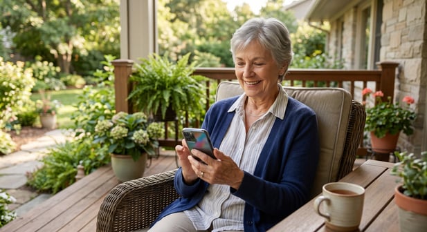 Smiling senior woman completing an online medical review