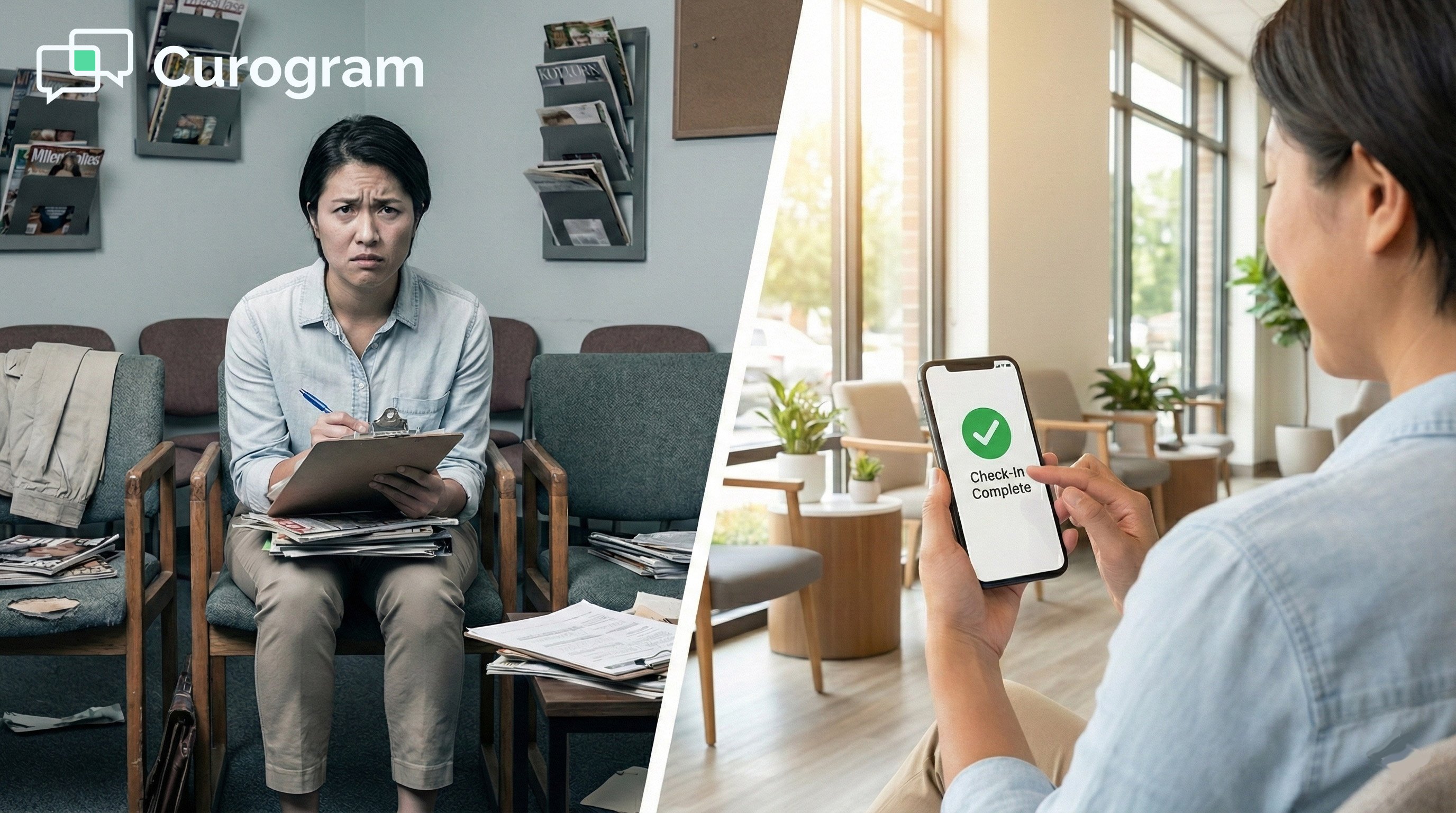 Split photo: stressed patient with paper forms vs. relaxed patient using digital check-in
