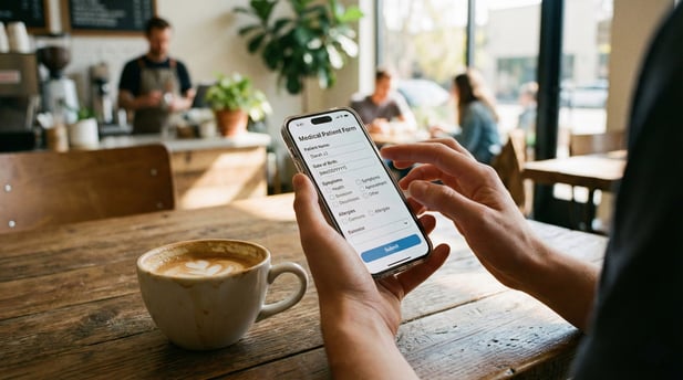 Person filling out a digital medical intake form on a smartphone in a relaxed cafe setting