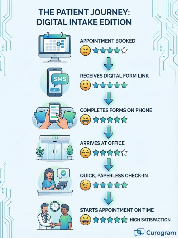 6-step vertical flowchart showing the digital patient intake journey from booking to appointment