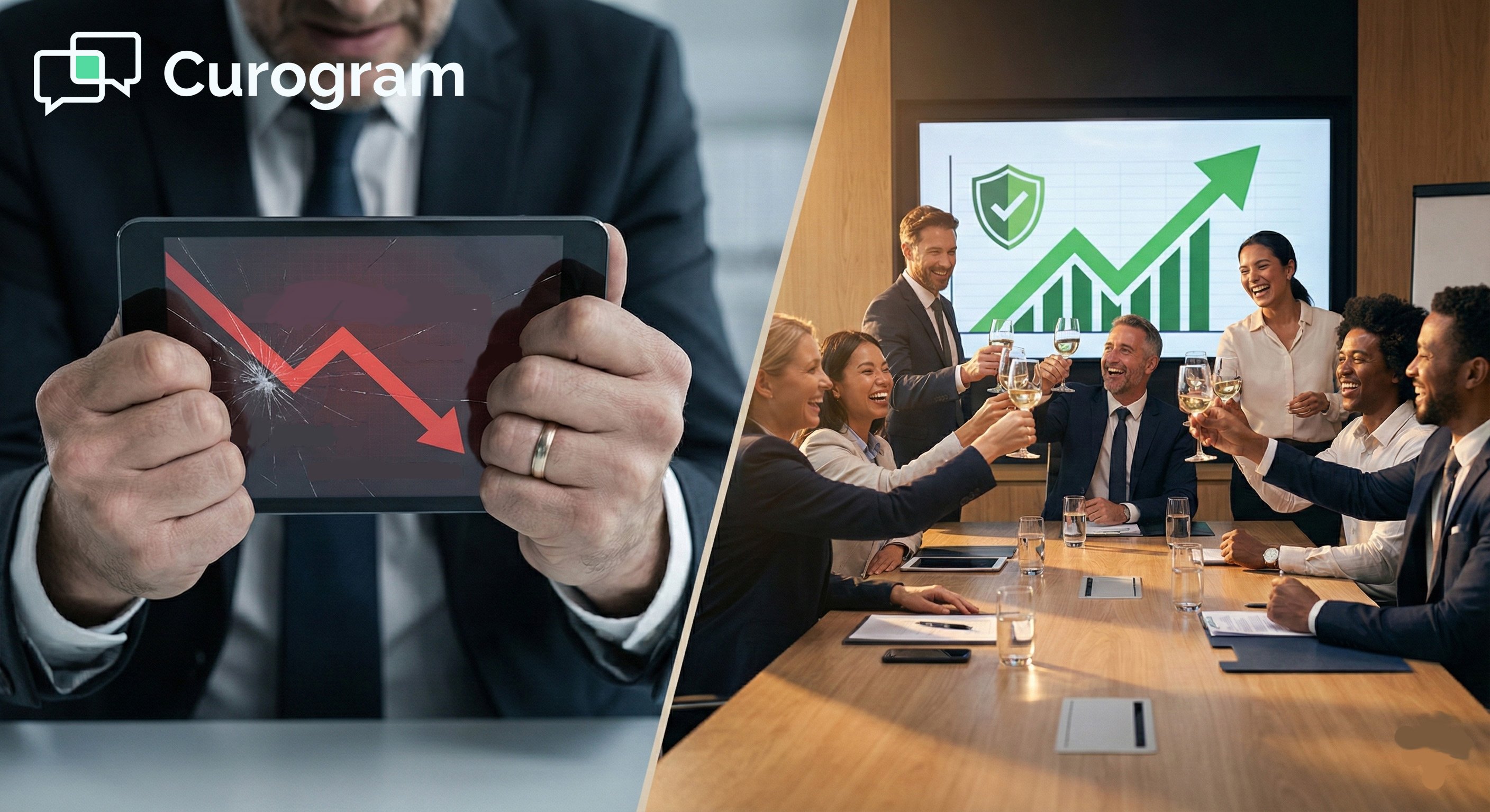 Split image contrasting business crisis with a team celebrating growth