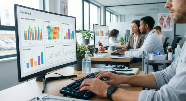 Hospital staff analyzing brand sentiment data on a computer dashboard
