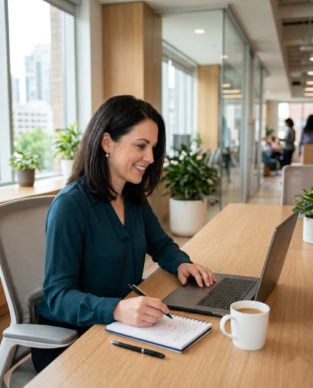 Professional photo of a female healthcare operations manager focused on her laptop