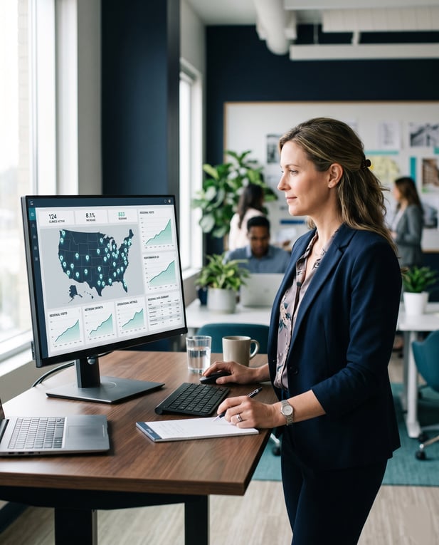 Healthcare manager reviews automated patient review data on modern office dashboard