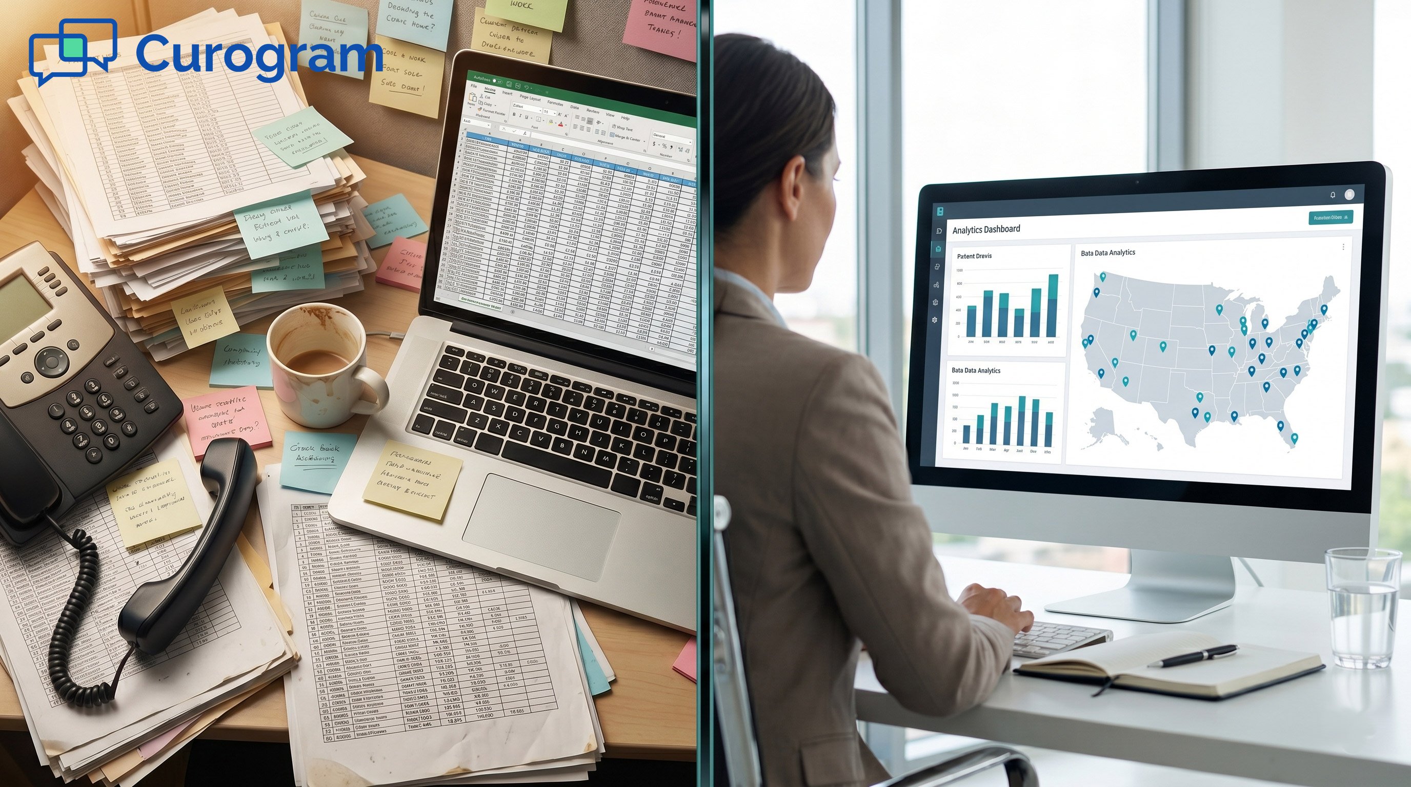Contrast: clutter, phone lists vs centralized clinical dashboard, map, modern office