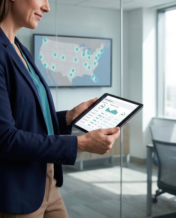 Woman in office holds a data-driven tablet with a US clinic location map