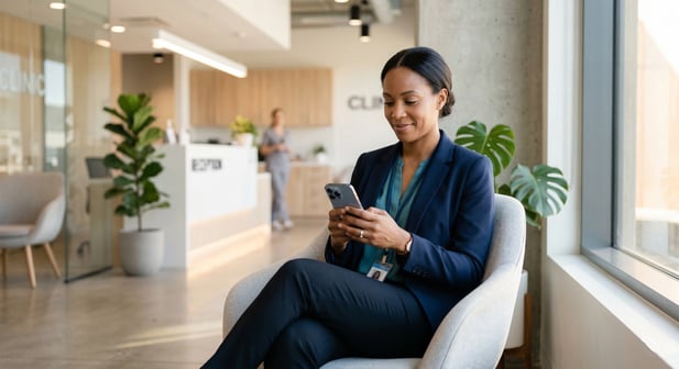 A healthcare professional smiling while using a smartphone in a modern clinic reception area