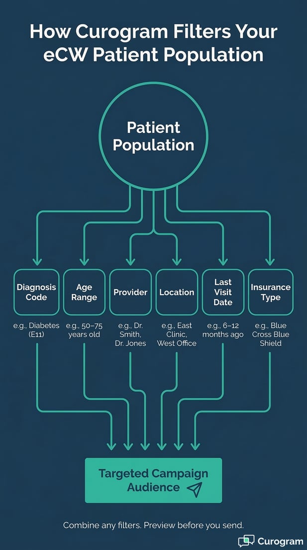 Infographic showing how Curogram filters eCW patient populations using six categories
