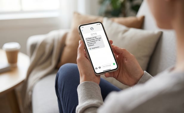 Close-up of patient on couch holding smartphone with automated feedback request via SMS text