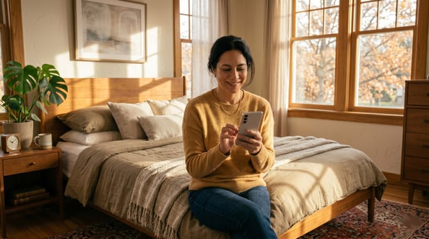 Smiling woman pays healthcare bill easily using Text-to-Pay app at home