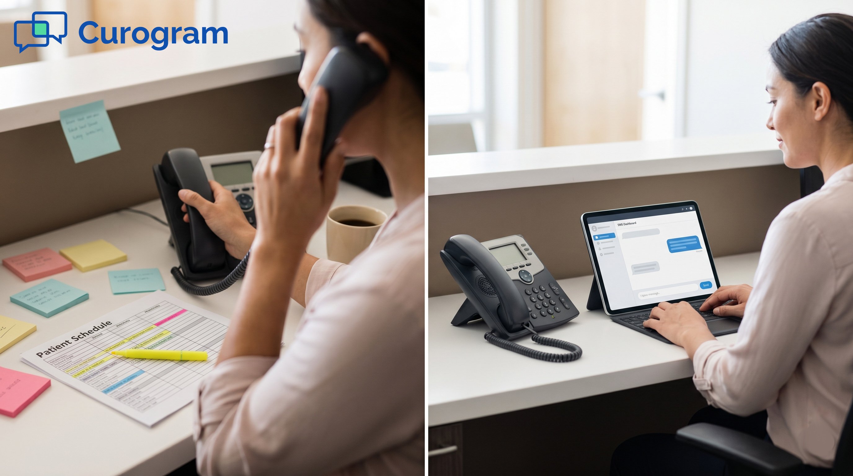 Two panels: Stressed phone juggling (before) and efficient SMS dashboard (after)
