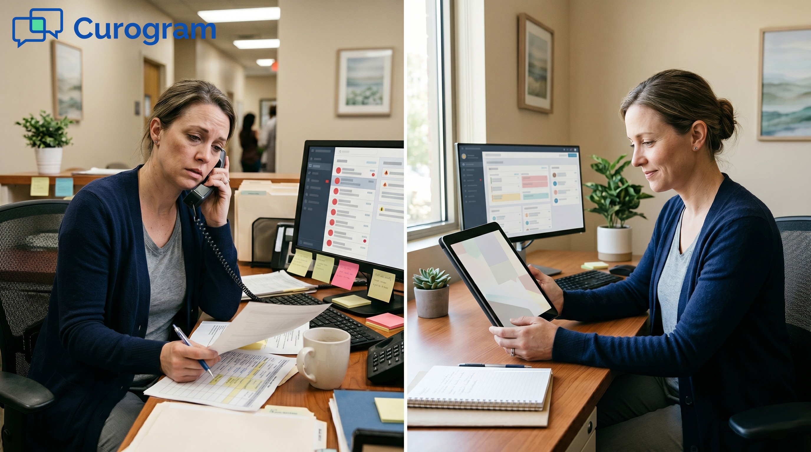 Split image: Comparison between paper-based vs. digital-first healthcare front desk workflows