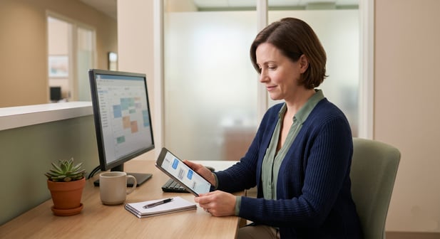 Healthcare manager uses a tablet for administrative tasks at an organized, efficient desk