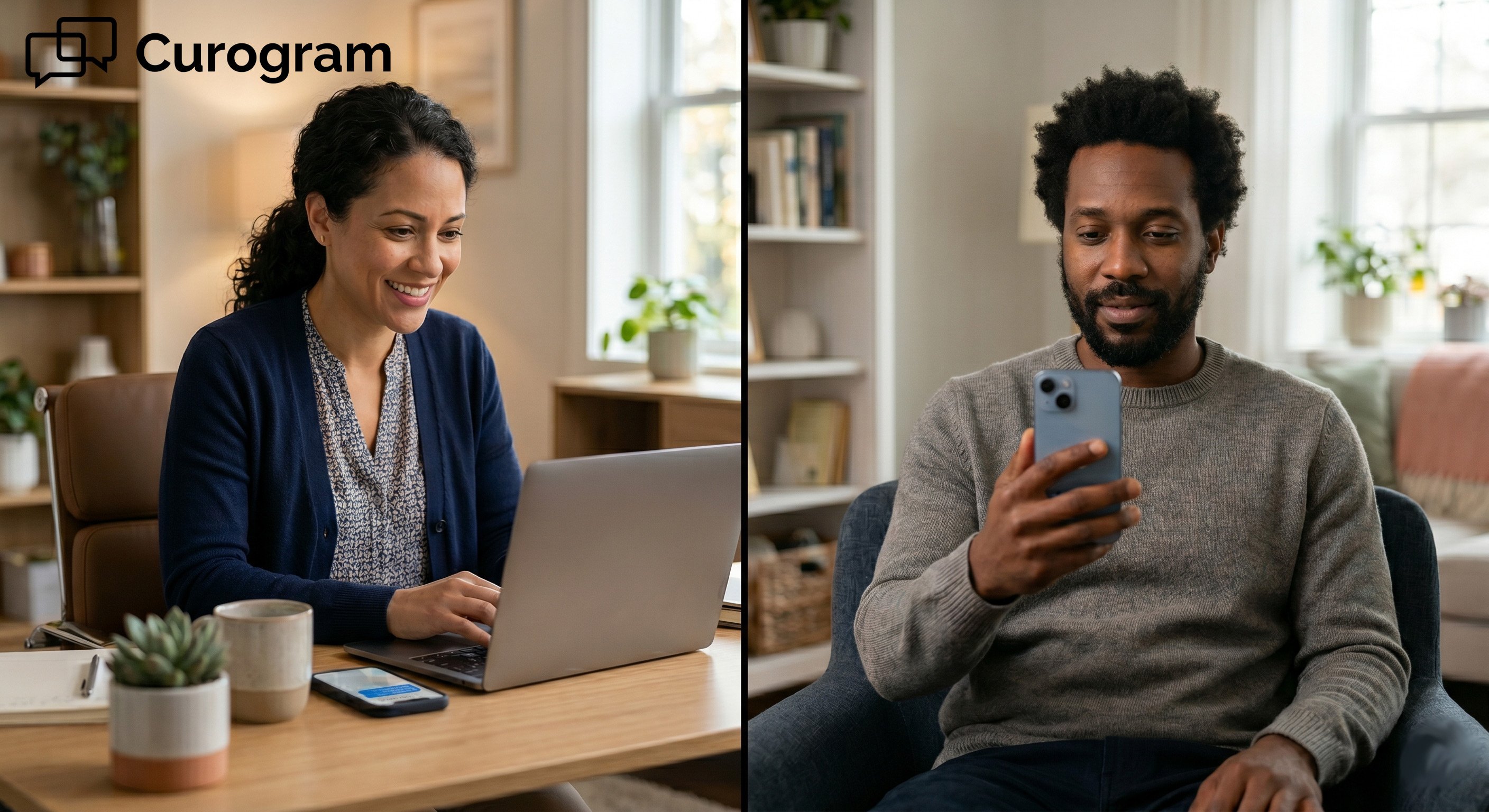 Split image of a woman smiling at a laptop and a man looking at a smartphone