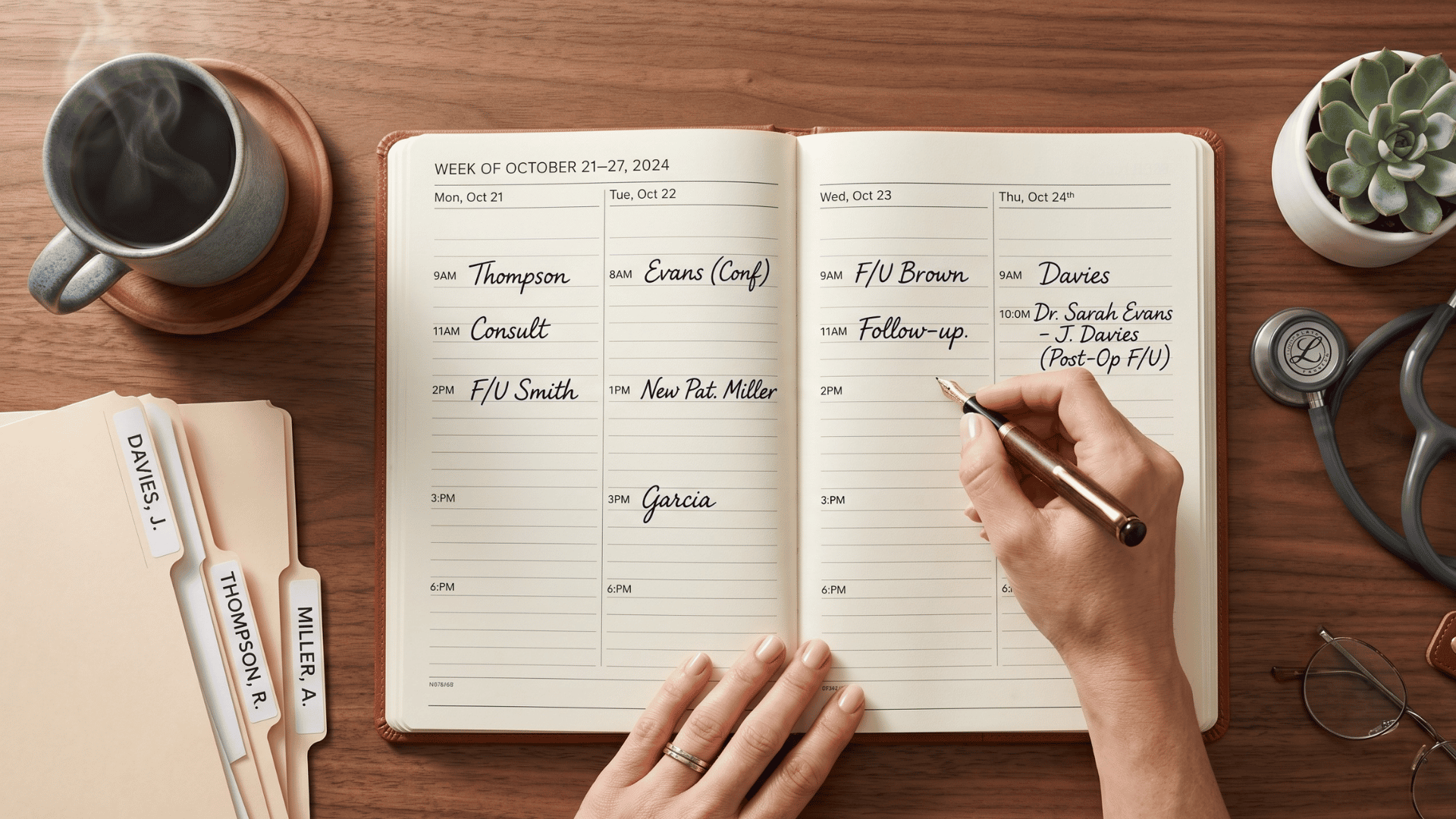 Clinician's planner filling with new appointments after switching to text-based patient recall outreach.