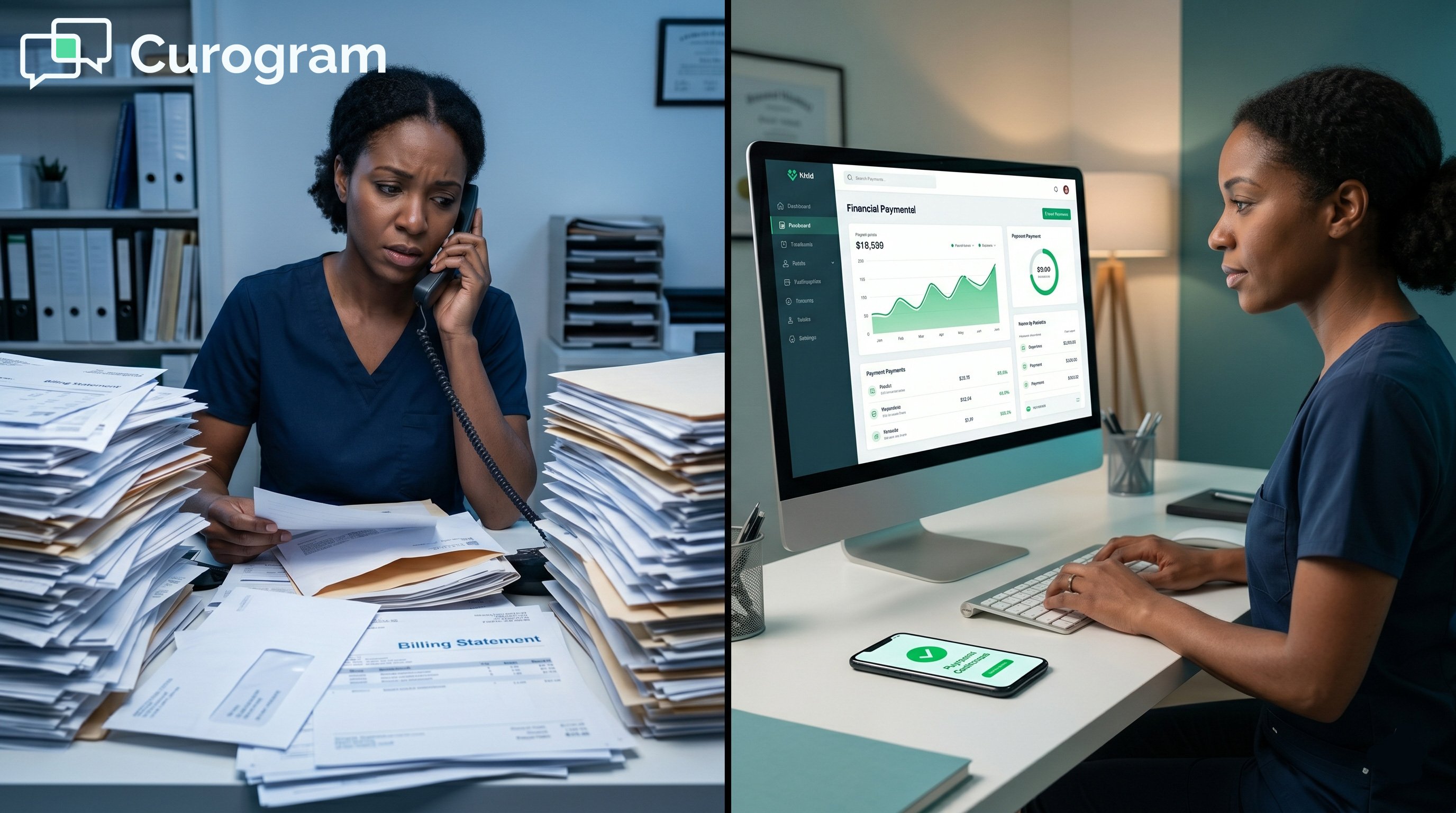 Photo split: Stressed with paper invoices vs. efficiently processing digital payments