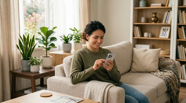Relaxed patient at home using text-to-pay for medical bills