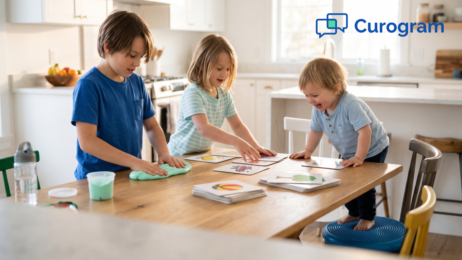 Three siblings practicing pediatric therapy home exercises together at a kitchen table