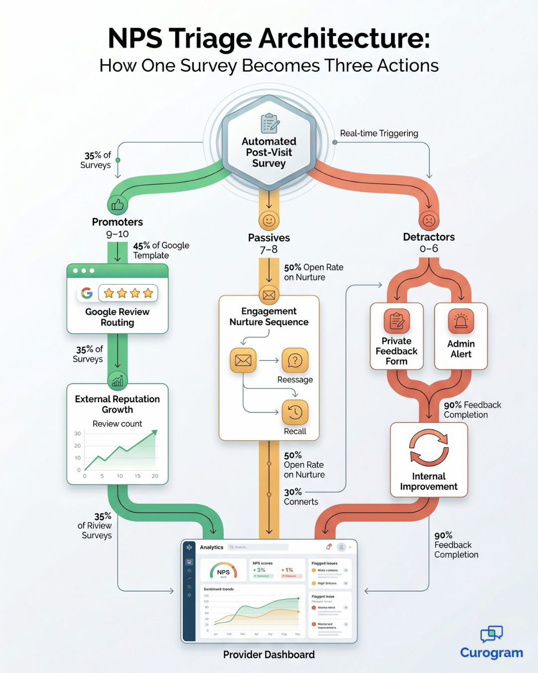NPS triage architecture diagram showing patient feedback routing to reviews, nurture, and provider dashboards.