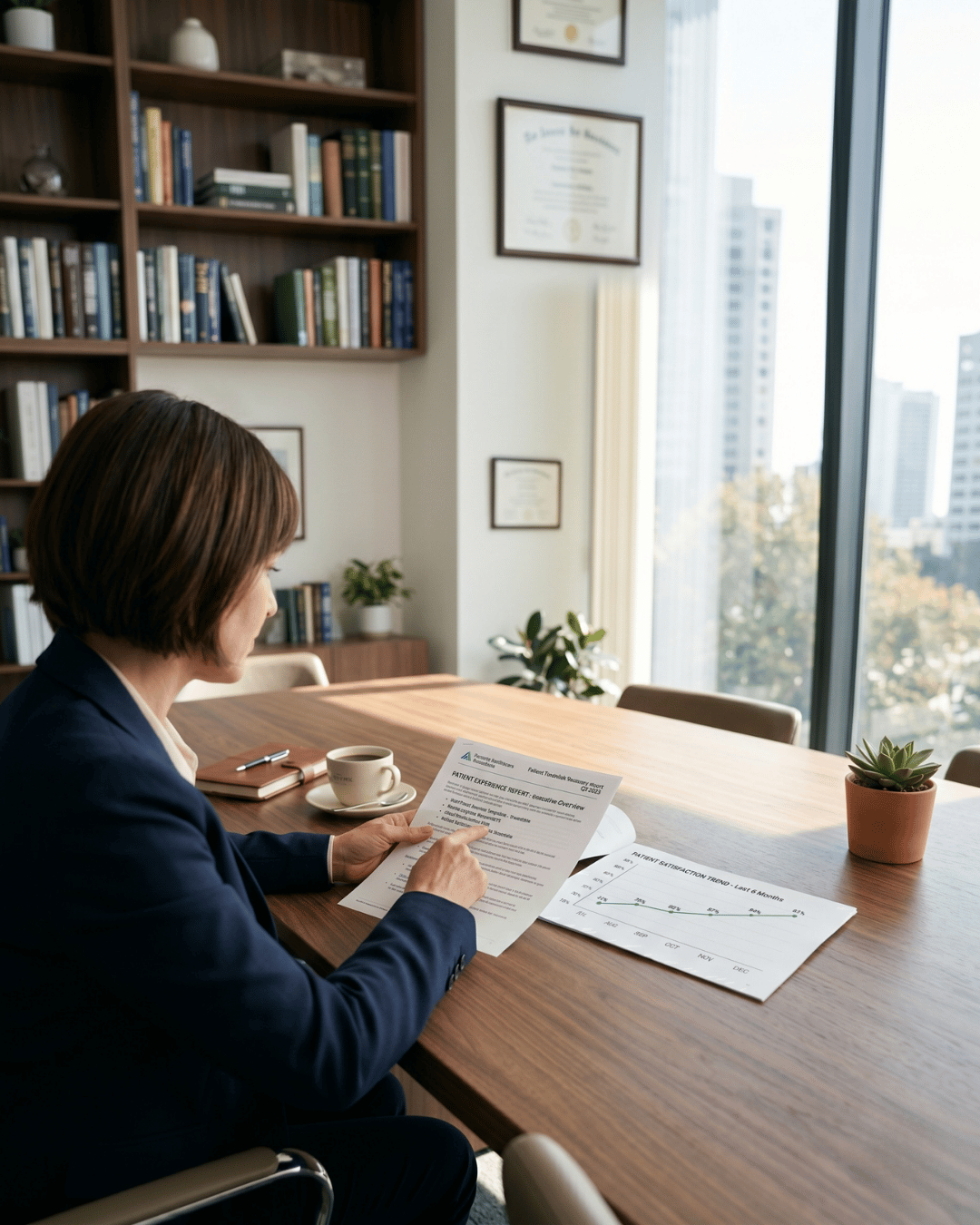 Practice administrator reviewing patient NPS feedback report and performance trends on a sunlit office table.