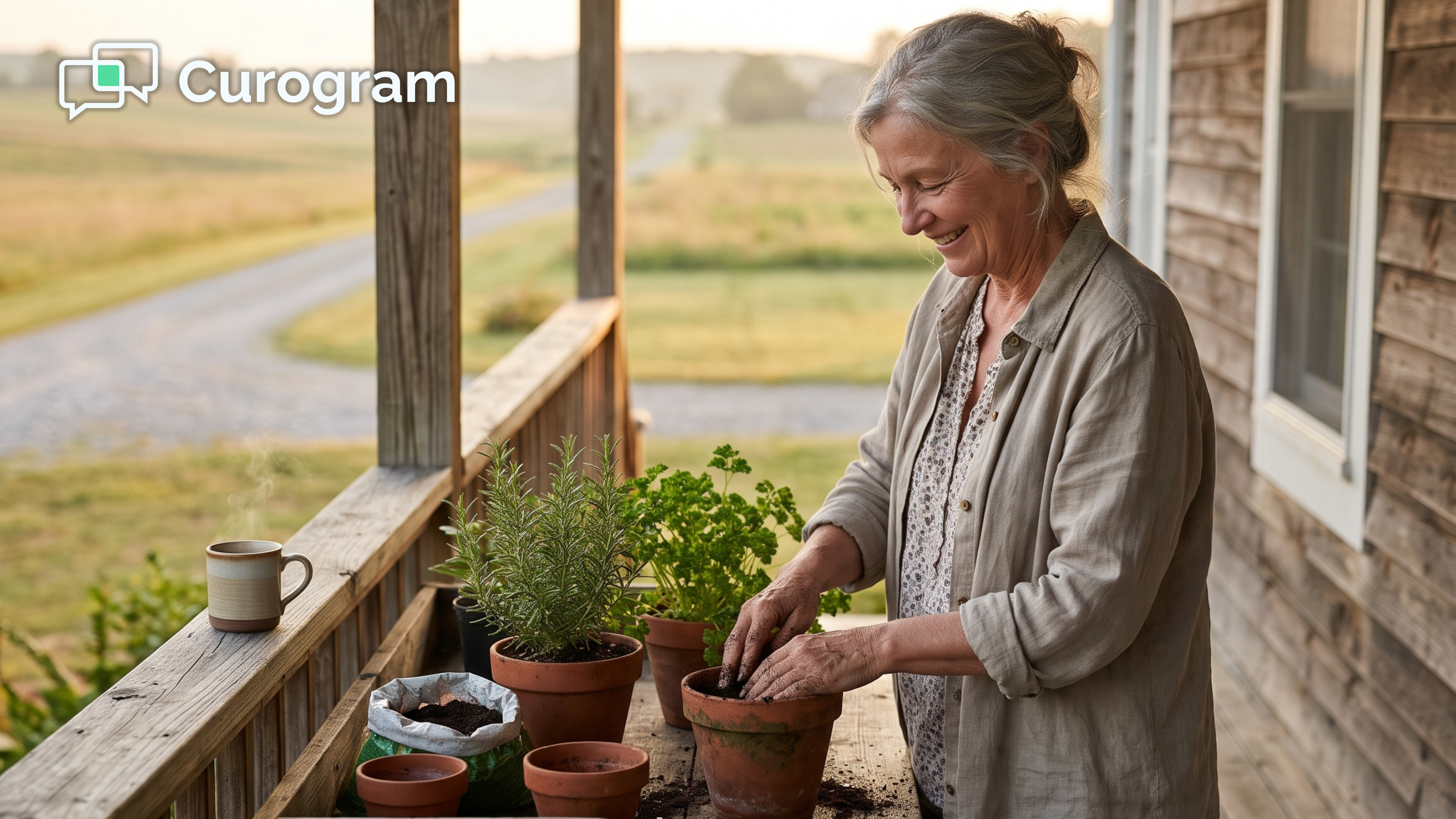Smiling older woman on her rural porch, the kind of patient low-friction tools must reach